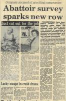 1986.04.18 - Abattoir survey sparks new row, PB & NH, Page 1 - click for full size image 1986.04.18 - Abattoir survey sparks new row, PB & NH, Page 1 - click for full size image
