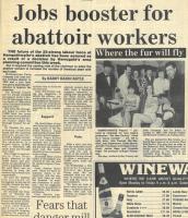 1987.03.06 - Jobs boost for abattoir workers, PB & NH, Page 1 - click for full size image 1987.03.06 - Jobs boost for abattoir workers, PB & NH, Page 1 - click for full size image