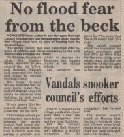 1985.02.15 - No flood fear from the beck & Vandals snooker council's efforts, PB & NH, Page 1 - click for full size image 1985.02.15 - No flood fear from the beck & Vandals snooker council's efforts, PB & NH, Page 1 - click for full size image
